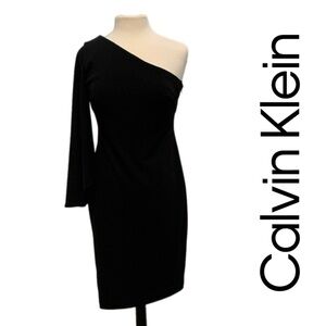 Calvin Klein - Elegant Black One-Shoulder Dress w/ Open Cape Sleeve - Size 8 334